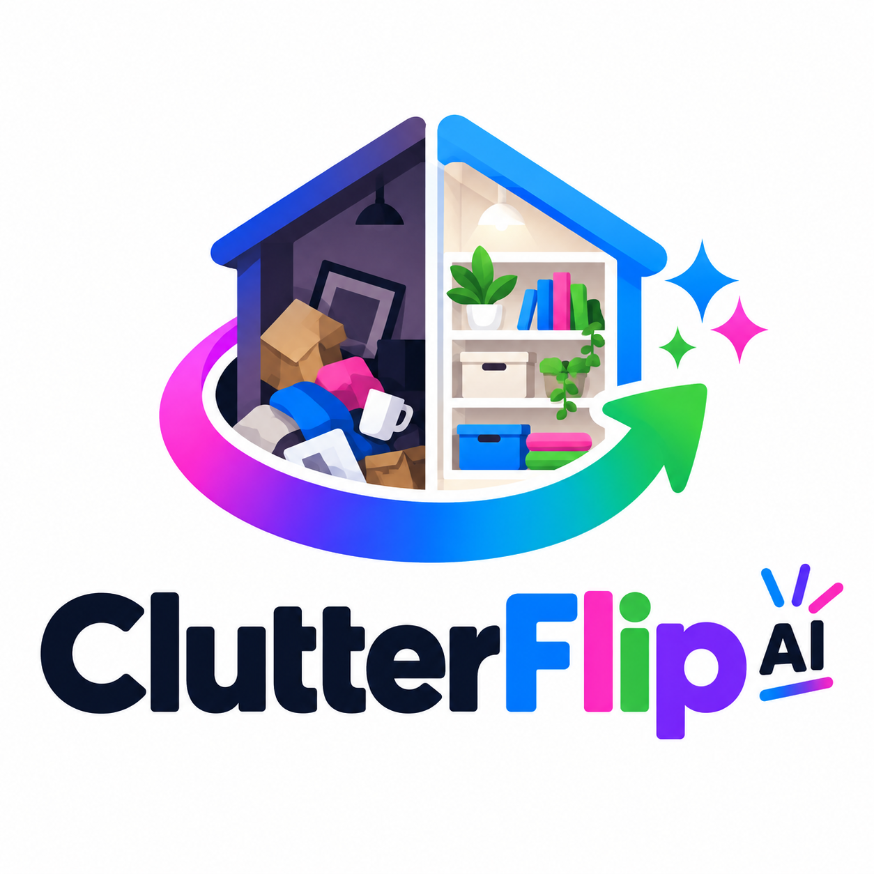 ClutterFlip AI official before-and-after split-house logo